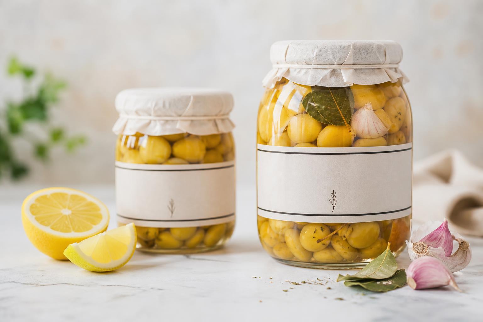Frascos de vidro com tremoços artesanais marinados